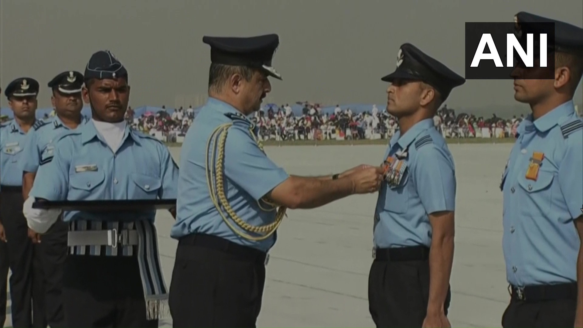 IAF Chief Air Chief Marshal VR Chaudhari presenting Vayu Sena Medal- Gallantry to officers on 89th Air Force Day on Friday. (Photo/ANI)