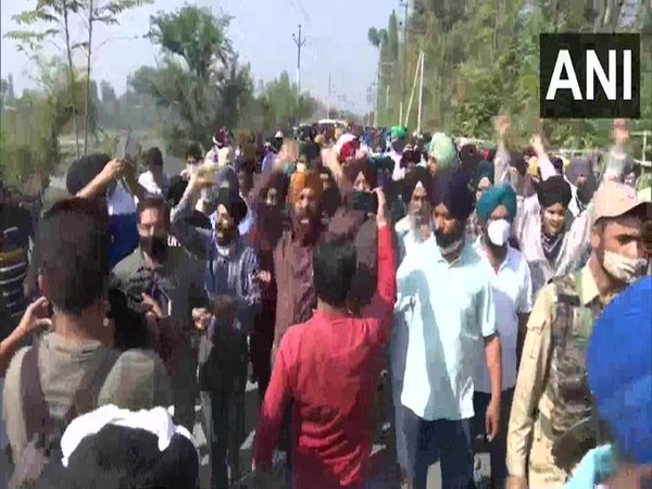 A visual from the protest against the killing of two teachers, in Jammu on Friday. [Photo/ANI]