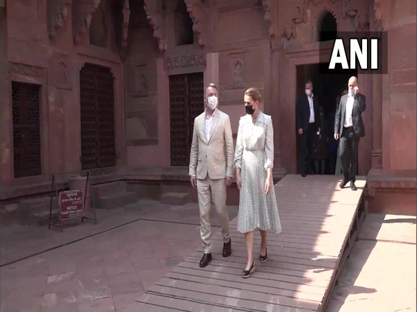 Denmark Prime Minister Mette Frederiksen and her husband Bo Tengberg at Agra fort (Photo/ANI)