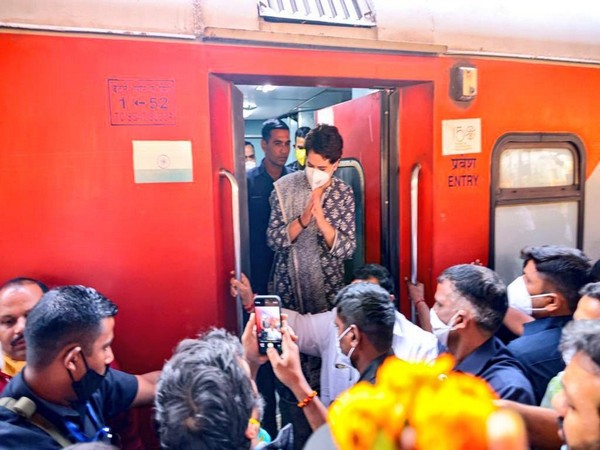 Priyanka Gandhi Vadra at  Lalitpur railway station. (Photo/ANI)
