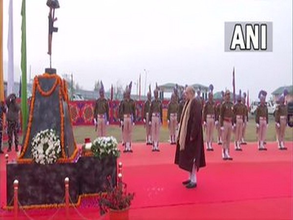 Union Home Minister Amit Shah at the memorial in Jammu and Kashmir's Pulwama. (Photo/ANI)