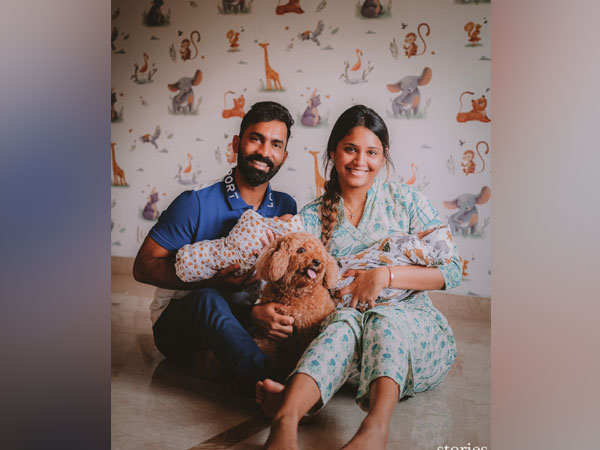 Indian batter Dinesh Karthik and wife Dipika Pallikal posing with their new born twins (Photo/ Dinesh Karthik- Twitter)