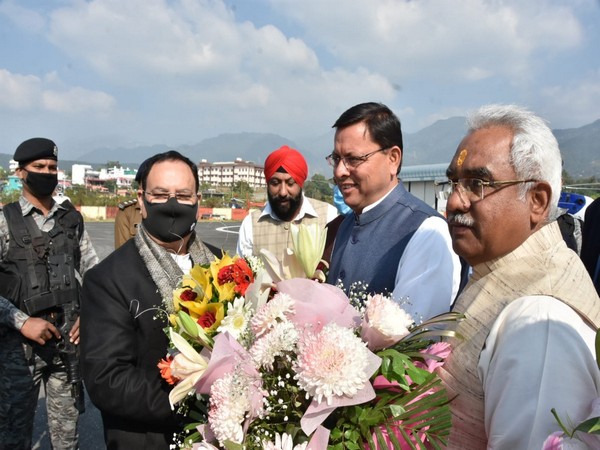 BJP National President JP Nadda grreted on his arrival in Uttarakhand (Photo:Twitter/ANI)