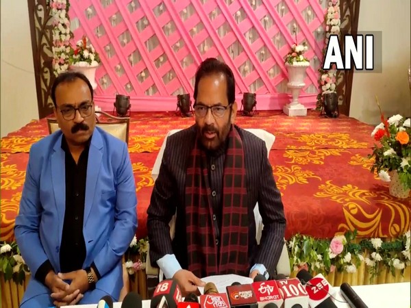 Union Minorities Minister Mukhtar Abbas Naqvi talks to reporters in Moradabad on Sunday.  (Photo/ANI) 