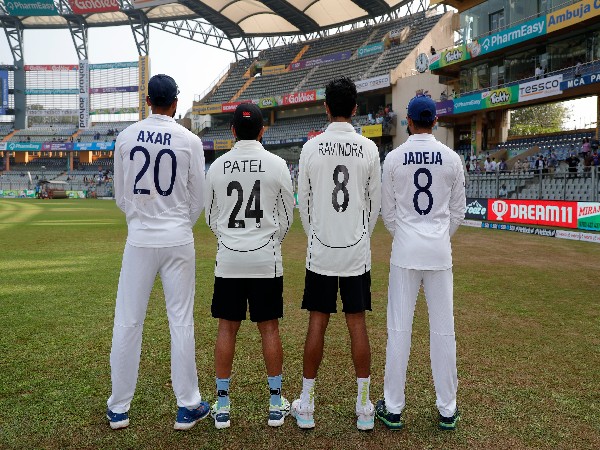Ajaz Patel, Axar Patel, Rachin Ravindra, Ravindra Jadeja posing after match (Photo/BCCI-Twitter)