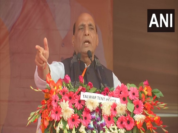 Defence Minister Rajnath Singh addressing BJP booth presidents in Sitapur (Photo/ANI)