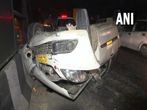 Car overturned at the RTR flyover in Delhi. (Photo/ANI)