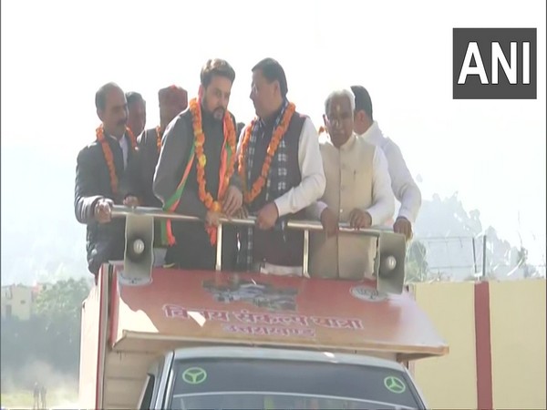 Union Minister Anurag Thakur and Uttarakhand Chief Minister Pushkar Singh Dhami at Bageshwar (Photo/ANI)