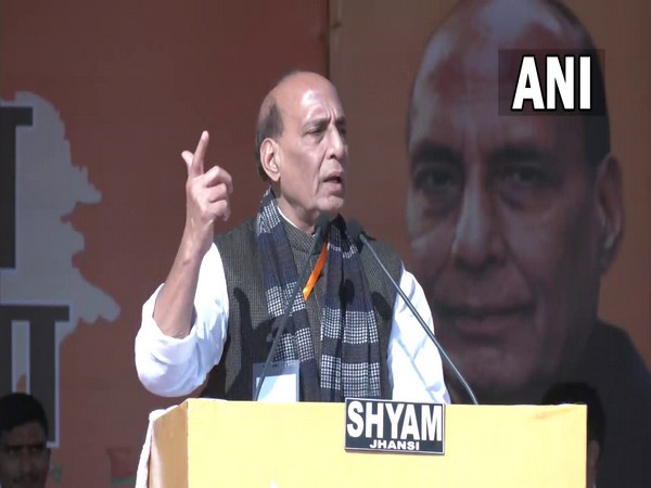 Defence Minister Rajnath Singh in Jhansi on Sunday. (Photo/ANI)
