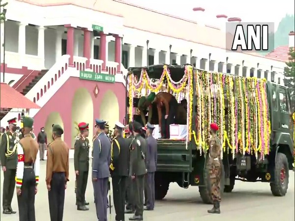Mortal remains of deceased in chopper crash brought at Madras Regimental Centre (Photo/ANI)