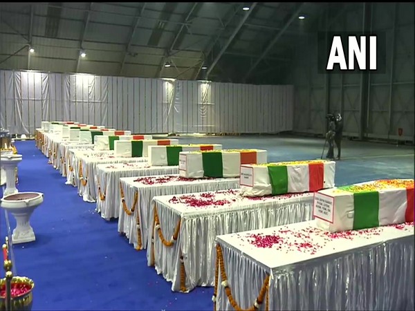 The mortal remains of all 13 armed personnel, who lost their lives in Tamil Nadu Chopper Crash placed at Palam Airbase. (Photo/ANI)
