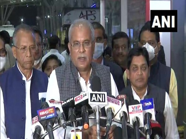 Chhattisgarh Chief Minister Bhupesh Baghel speaking to media in Raipur on Sunday. (Photo.ANI)