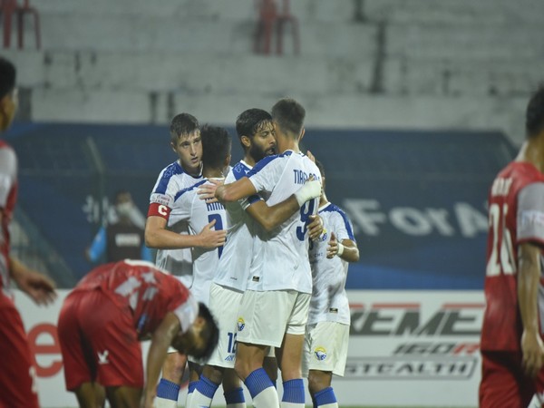 Real Kashmir FC players celebrating after goal (Photo: Twitter/I-League)