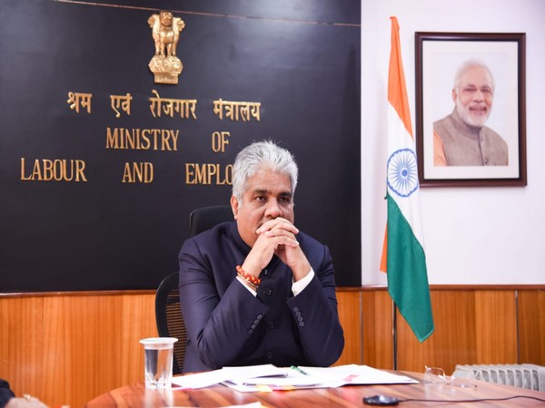 Union Minister Bhupender Yadav during interaction with national level office-bearers of Unorganized Workers' Unions and Associations on Tuesday. 