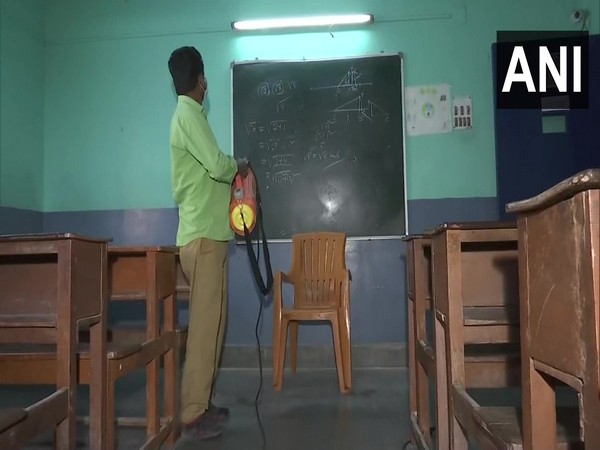 A classroom at a school in Kolkata being sanitized. (Photo/ANI)