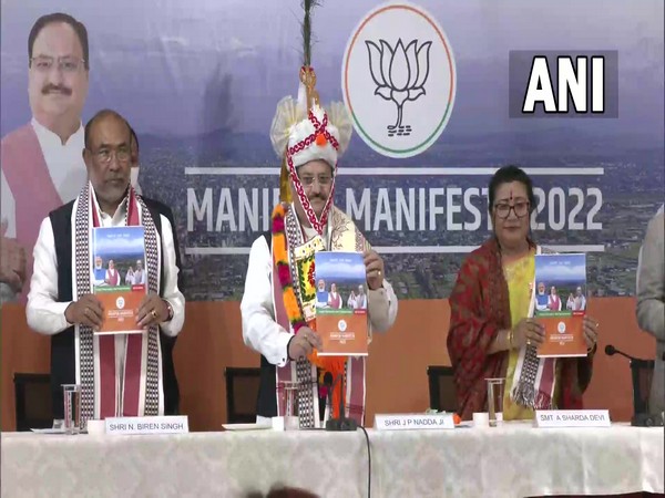 BJP Chief J P Nadda and Chief MInister N Biren Singh release manifesto for Manipur polls. (Photo:ANI)
