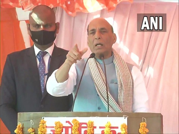 Defence Minister and BJP leader Rajnath Singh addressing an election rally in UP's Patti on Sunday. [Photo/ANI]