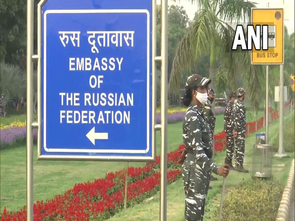 Security personnel out Russian embassy in New Delhi. (Photo/ANI)