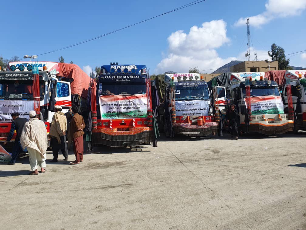 The 50 trucks consignment of humanitarian aid of 50,000 tonnes of wheat to Afghanistan. (Photo/ANI)