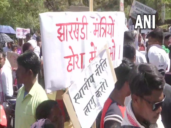 Protestors outside the Jharkhand Assembly demanding the immediate declaration of the state's domicile policy (Photo/ANI)