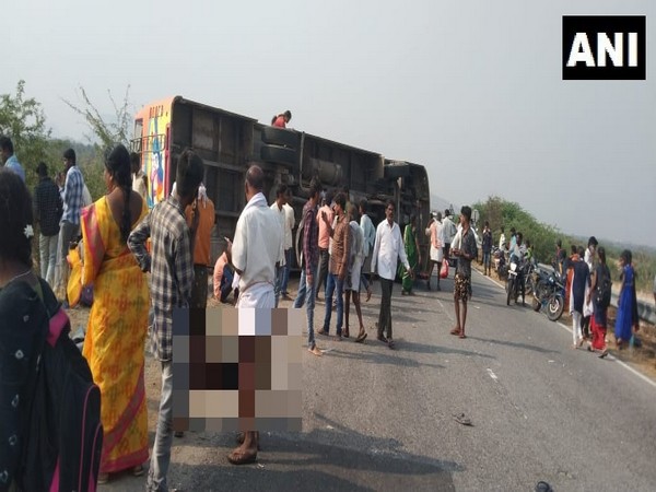 Bus overturned near Pavagada, Tumakuru (Photo/ANI)