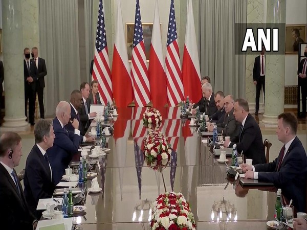 US President Joe Biden with Poland President Andrzej Duda and other officials from US and Poland side in bilateral meeting in Warsaw
