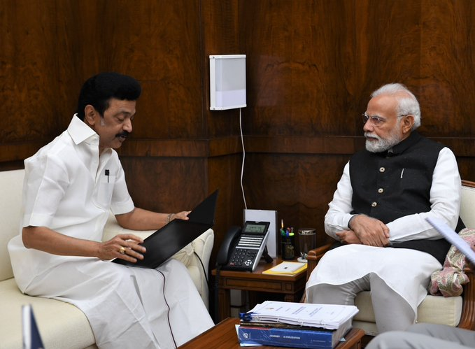 Tamil Nadu CM MK Stalin meets Prime Minister Narendra Modi (Photo credit: Twitter@PMOIndia)
