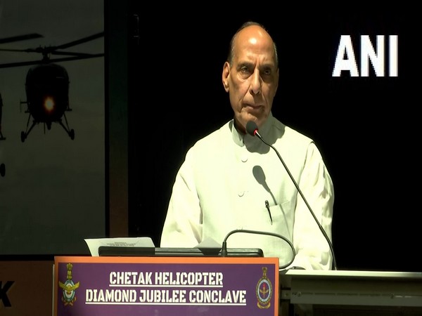Defence Minister Rajnath Singh addressing Diamond Jubilee conclave of Chetak Helicopters in Hyderabad on Saturday (Photo/ANI)