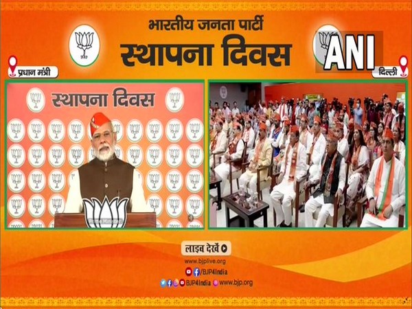 Prime Minister Narendra Modi addressing BJP workers on party's 42nd foundation day in New Delhi on Wednesday. [Photo/ANI]