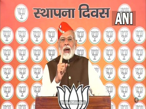 Prime Minister Narendra Modi addressing the 42nd Foundation Day of BJP in New Delhi on Wednesday. [Photo/ANI]