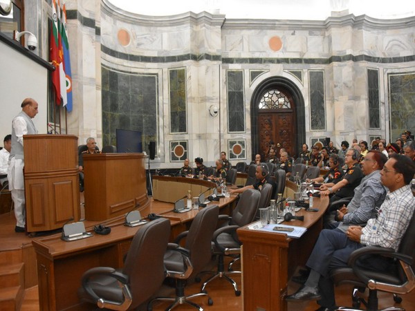 Defence Minister Rajnath Singh the Army Commanders Conference today. (Pic credit: Rajnath Singh Twitter)