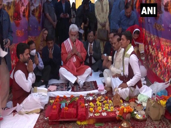 LG Manoj Sinha at the foundation ceremony of J-K LG lays foundation stone for Amarnath Shrine Board Office in Srinagar (Photo/ANI)