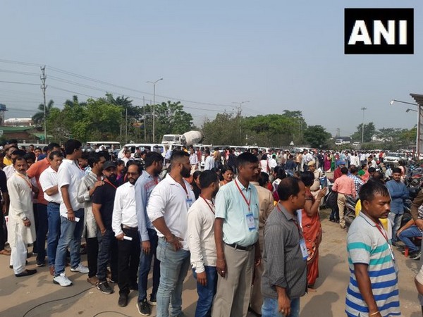 Visuals from outside of counting center at Moniram Dewan Trade Centre in Guwahati. (Photo/ANI)