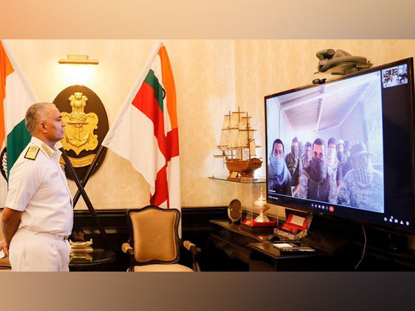 Indian Navy chief Admiral R Hari Kumar virtually interacting with deployed personnel (Photo/ANI)
