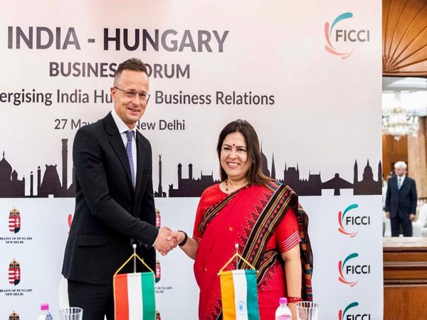 Union Minister of State for External Affairs Meenakashi Lekhi with visiting Hungarian Foreign Minister Peter Szijjarto 