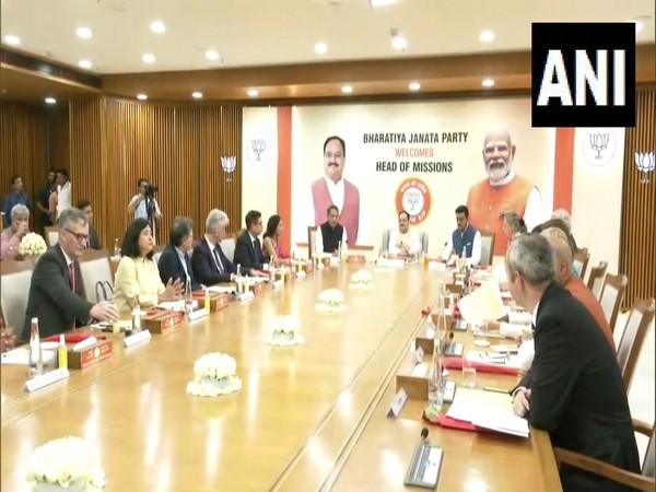 Heads of Missions from 13 countries interact with BJP national president JP Nadda at the party's headquarters in Delhi. (Photo/ANI)