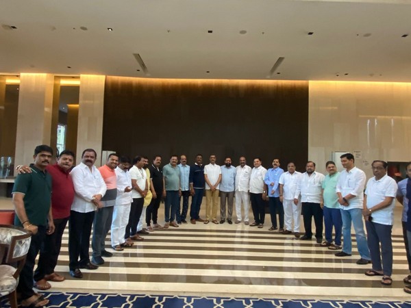 Rebel Maharashtra Shiv Sena MLAs with Eknath Shinde at a Guwahati hotel (Photo/ANI)