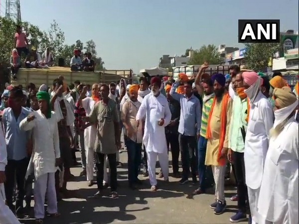 Farmers staged a protest on Ambala-Hisar Highway in Ambala on Wednesday. (Photo/ANI)