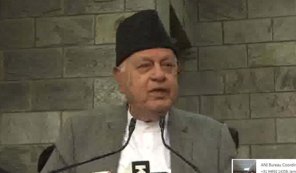 National Conference leader Farooq Abdullah addressing a public gathering in Srinagar on Saturday