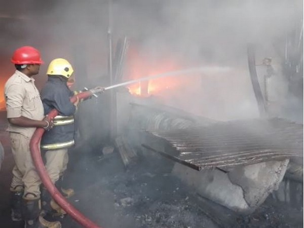 Firefighters dousing the fire in a plastic godown in Hyderabad on Thursday Photo/ANI