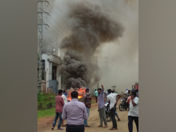A fire broke out outside a pharma company in Andhra Pradesh's Visakhapatnam district on Tuesday. (Photo/ANI)