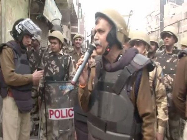  Delhi Police Joint Commissioner OP Mishra during a flag march in Chand Bagh.