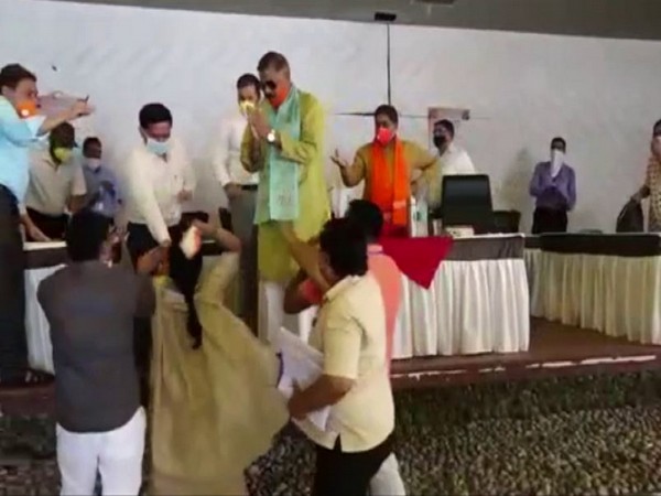 Visual from the scuffle which took place in meeting of the Municipal Corporation in Mathura on Friday. Photo/ANI