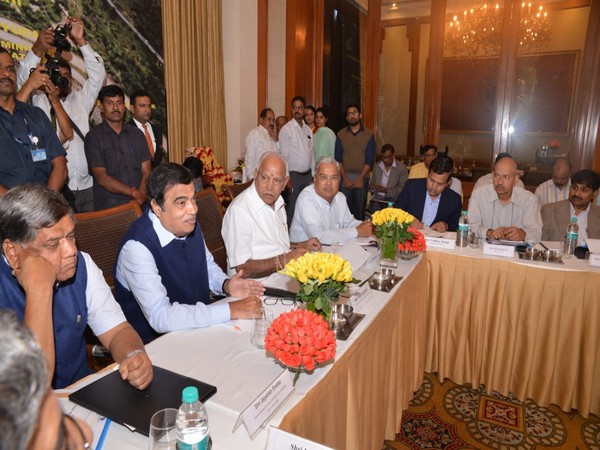 Karnataka Chief Minister BS Yeddyurappa and Union Minister Nitin Gadkari holding a meeting in Bengaluru on Tuesday. (Photo/ANI)