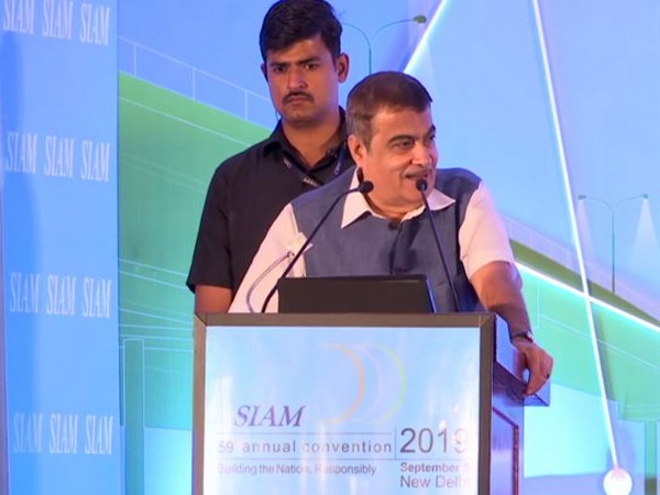 Minister of Road Transport and Highways Nitin Gadkari addressing a gathering at the SIAM 59 annual convention, 2019 in New Delhi on Thursday. (Photo.ANI)