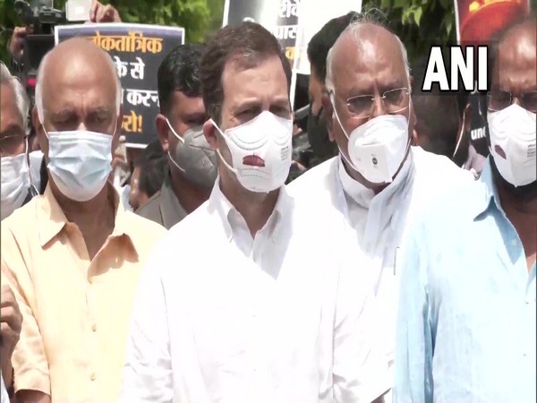Congress leader Rahul Gandhi during the protest march today. (Photo/ ANI)