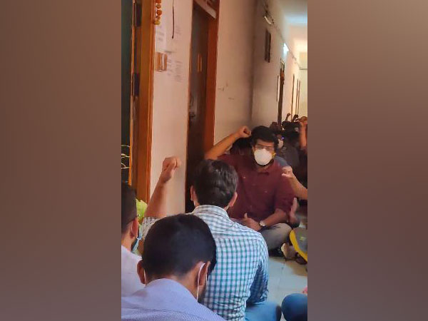 Junior Doctors of Gandhi Hospital staged a protest at Telangana DME office on Tuesday. [Photo/ANI]