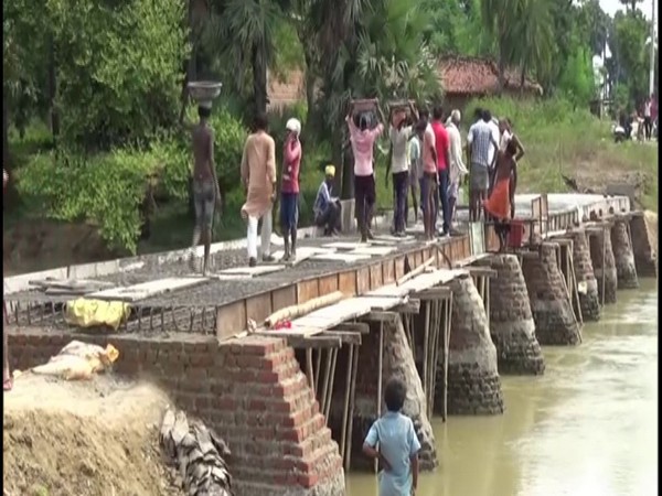 Villagers constructing bridge in Budhaul village, Gaya district. (Photo/ANI)