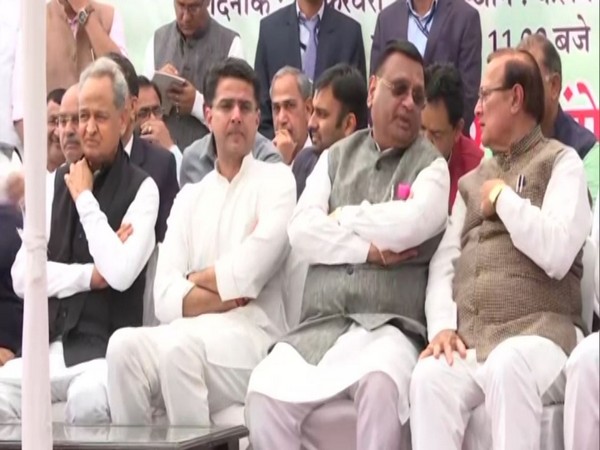 Rajasthan Chief Minister Ashok Gehlot and Deputy Chief Minister Sachin Pilot participated in sit-in Protest on Sunday in Jaipur. (Photo/ANI)