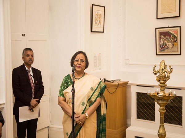 Indian High Commissioner to UK Ruchi Ghanashyam after inaugurating the exhibition on Mahatma Gandhi in London on Wednesday.
